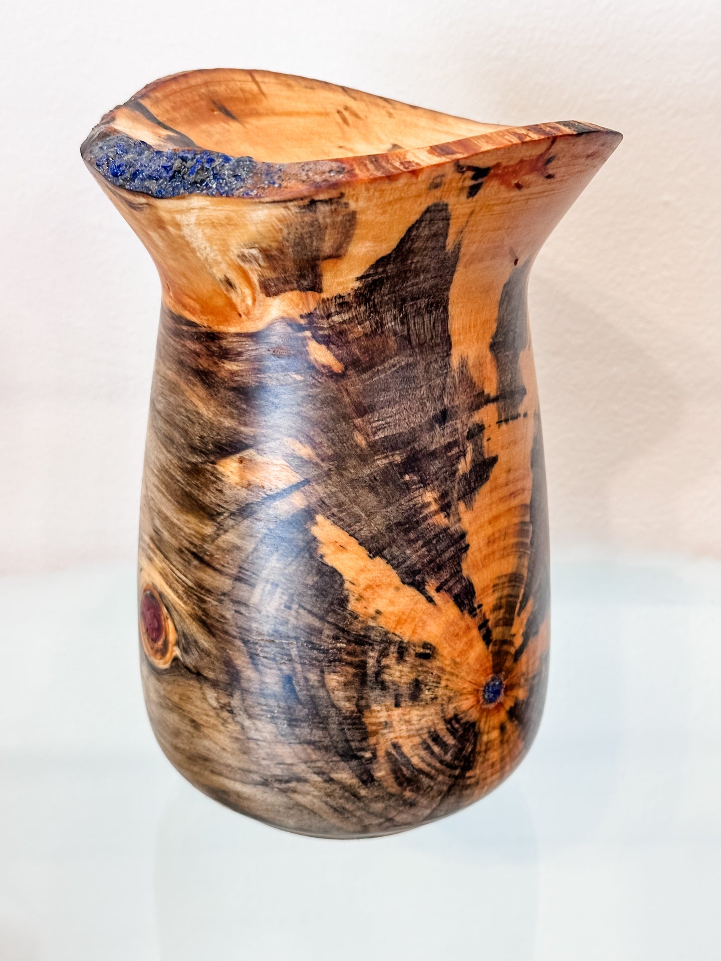 Stunning Handmade Norfolk Pine Wood Vase with Natural Edge and Lapis Lazuli Gemstone Inlay, Handmade in Hawaii