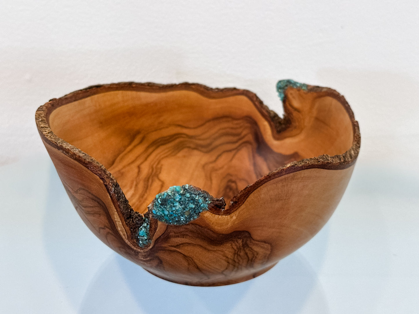 Handmade, Natural Edge Olive Wood Bowl with Turquoise Gemstone Inlay