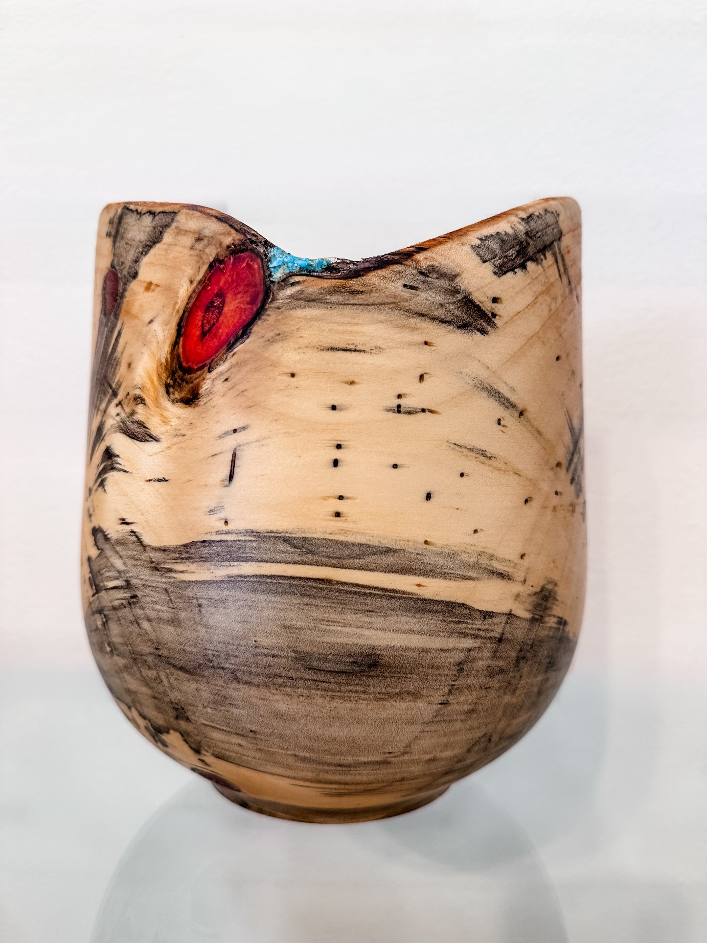 Handmade Vase-Shaped Norfolk Pine Wood Bowl with Turquoise Inlay Detail, Organic Finishes
