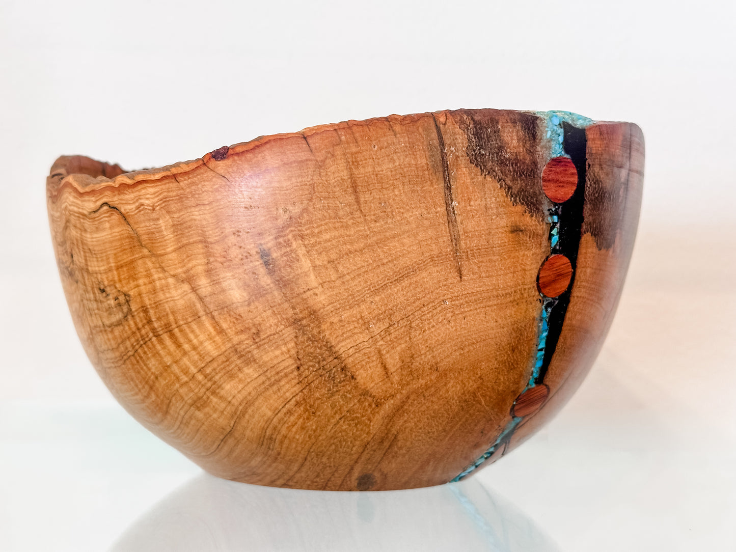 Hawaiian Lama Wood Bowl, Hand-turned in Hawaii, with Turquoise and Anthracite Inlay, Food Safe
