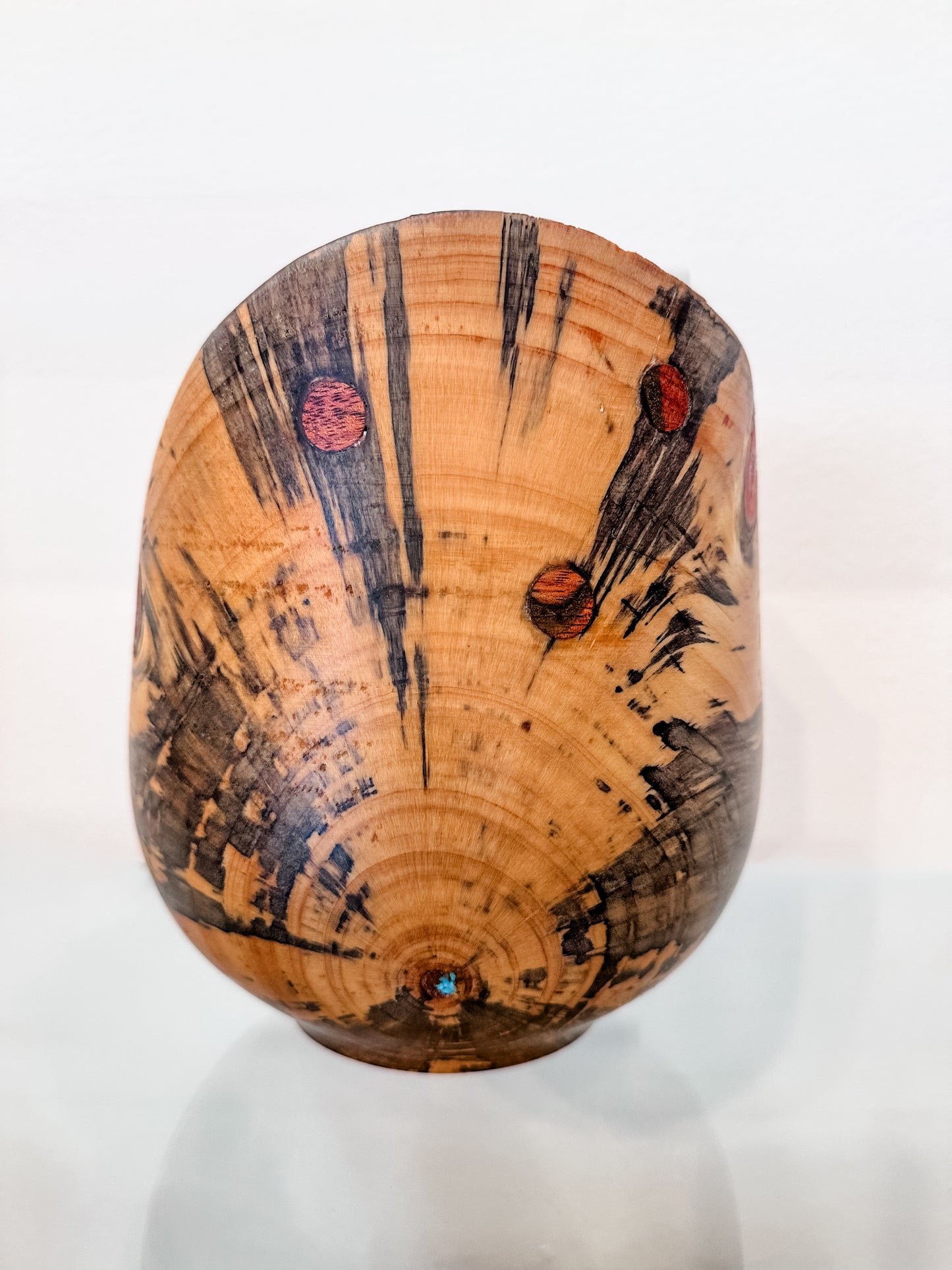 Handmade Vase-Shaped Norfolk Pine Wood Bowl with Turquoise Inlay Detail, Organic Finishes