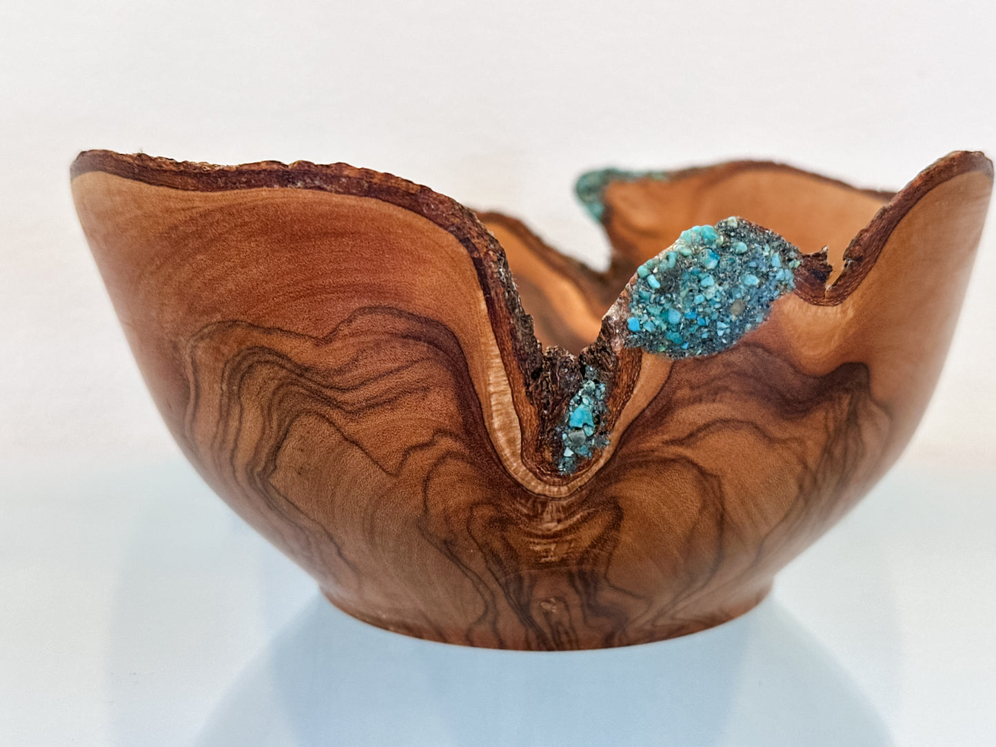 Handmade, Natural Edge Olive Wood Bowl with Turquoise Gemstone Inlay