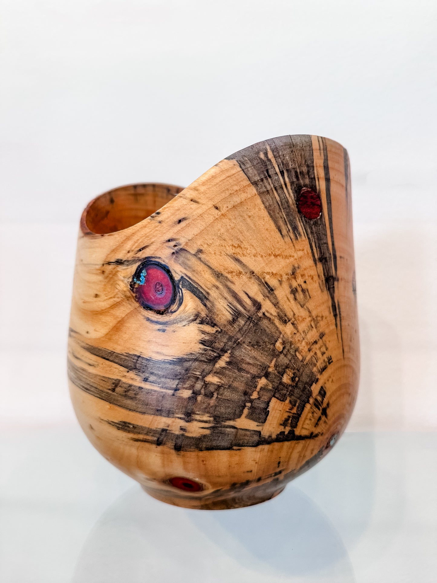 Handmade Vase-Shaped Norfolk Pine Wood Bowl with Turquoise Inlay Detail, Organic Finishes