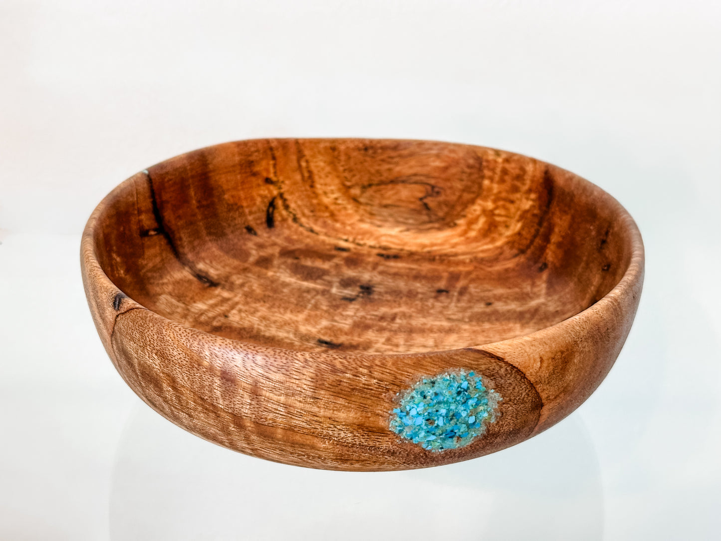 Hand-turned Mango Wood Bowl, Food Safe, Organic Finishes, Turquoise Inlay