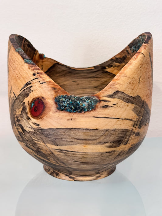 Hand-turned Norfolk Pine Wood Bowl, Handmade in Hawaii, with Turquoise Inlay