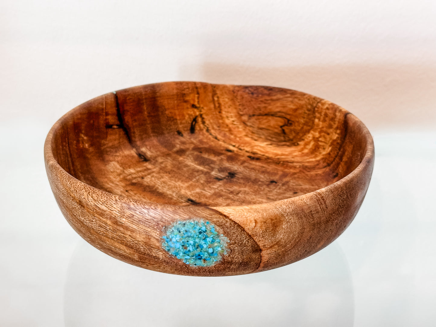 Hand-turned Mango Wood Bowl, Food Safe, Organic Finishes, Turquoise Inlay