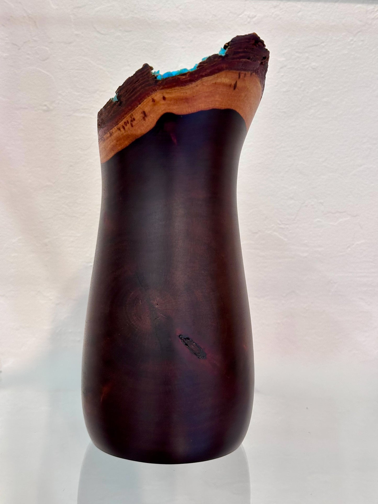 Handmade Milo Wood Vase with Turquoise Gemstone Inlay, Handmade in Hawaii
