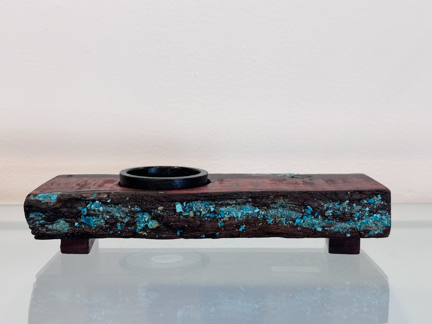 Handmade Koa Wood Ikebana (Japanese Style Vase) with Bark Inclusion and Turquoise Gemstone Inlay, Wood Ikebana, Made in Hawaii