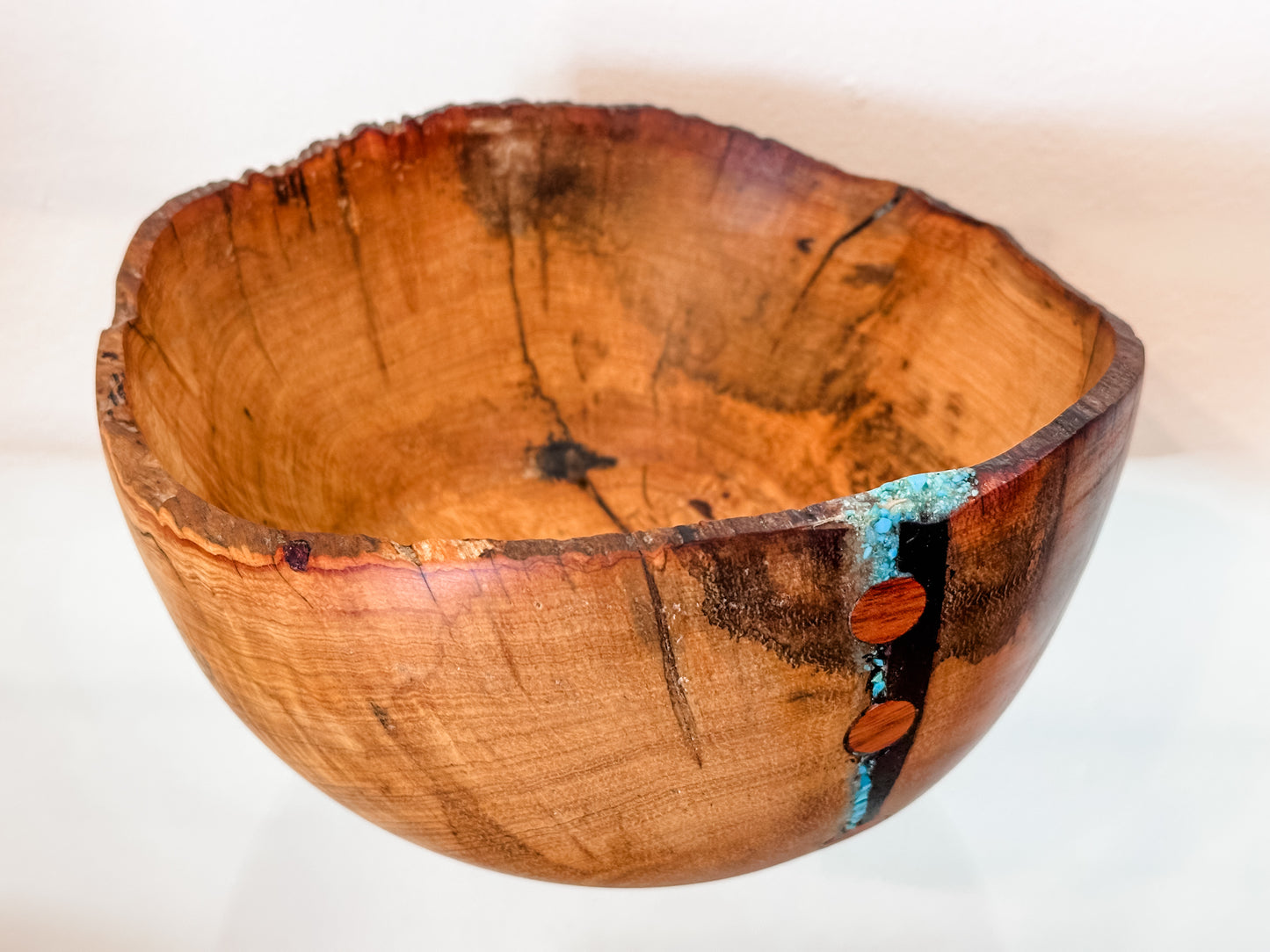 Hawaiian Lama Wood Bowl, Hand-turned in Hawaii, with Turquoise and Anthracite Inlay, Food Safe