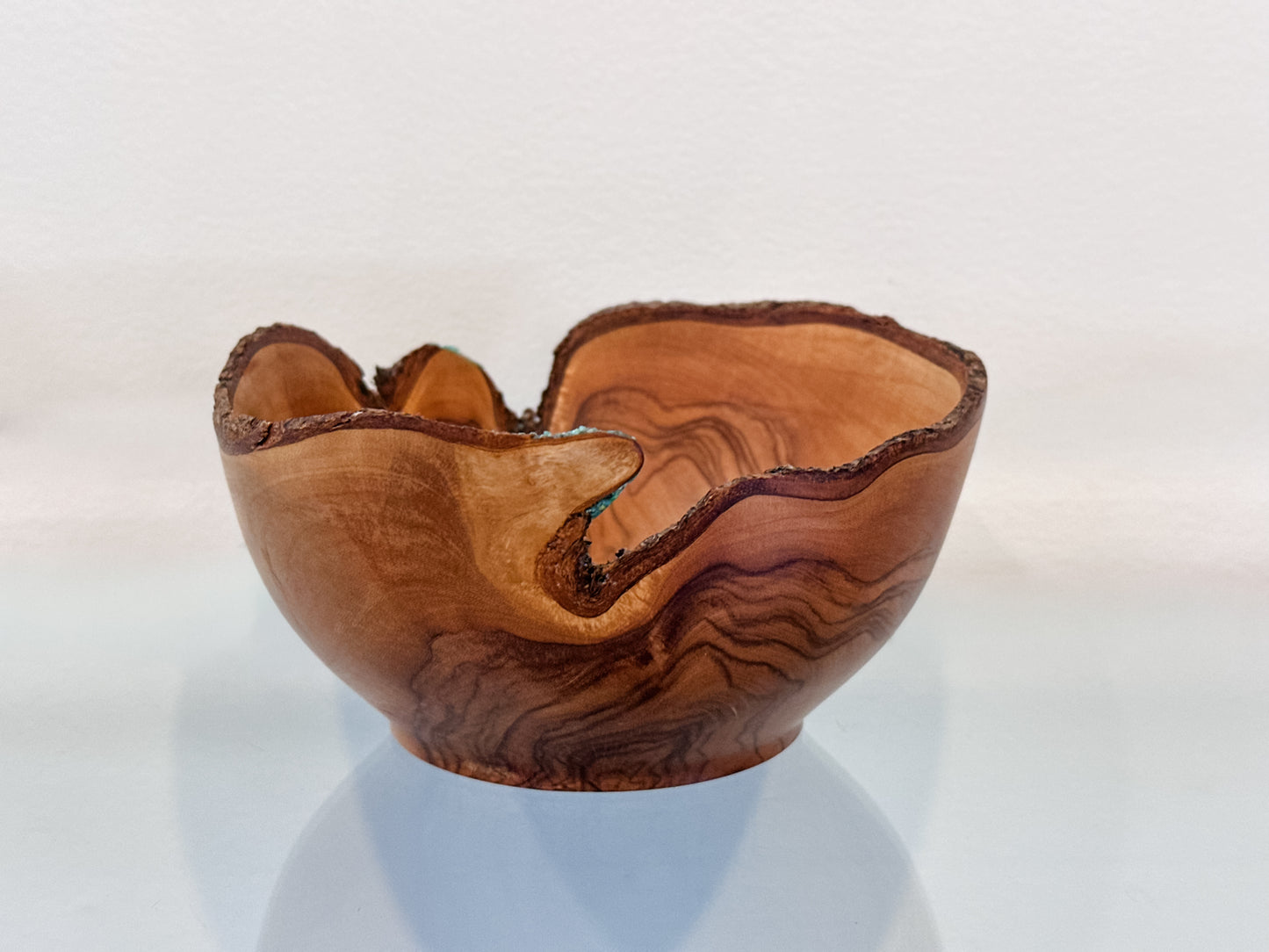 Handmade, Natural Edge Olive Wood Bowl with Turquoise Gemstone Inlay