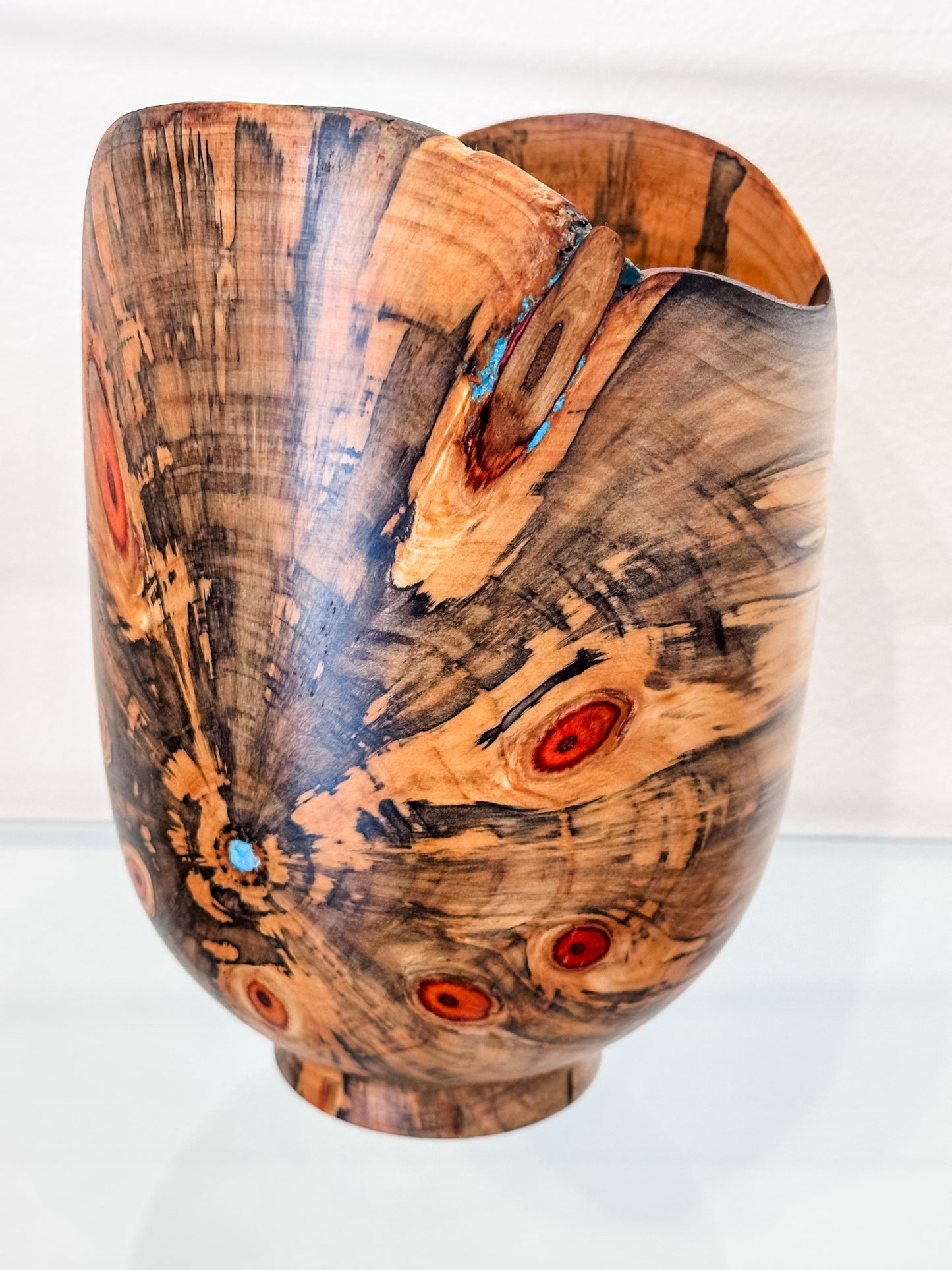 Handmade Vase-Shaped Norfolk Pine Wood Bowl with Turquoise Inlay Detail, Organic Finishes
