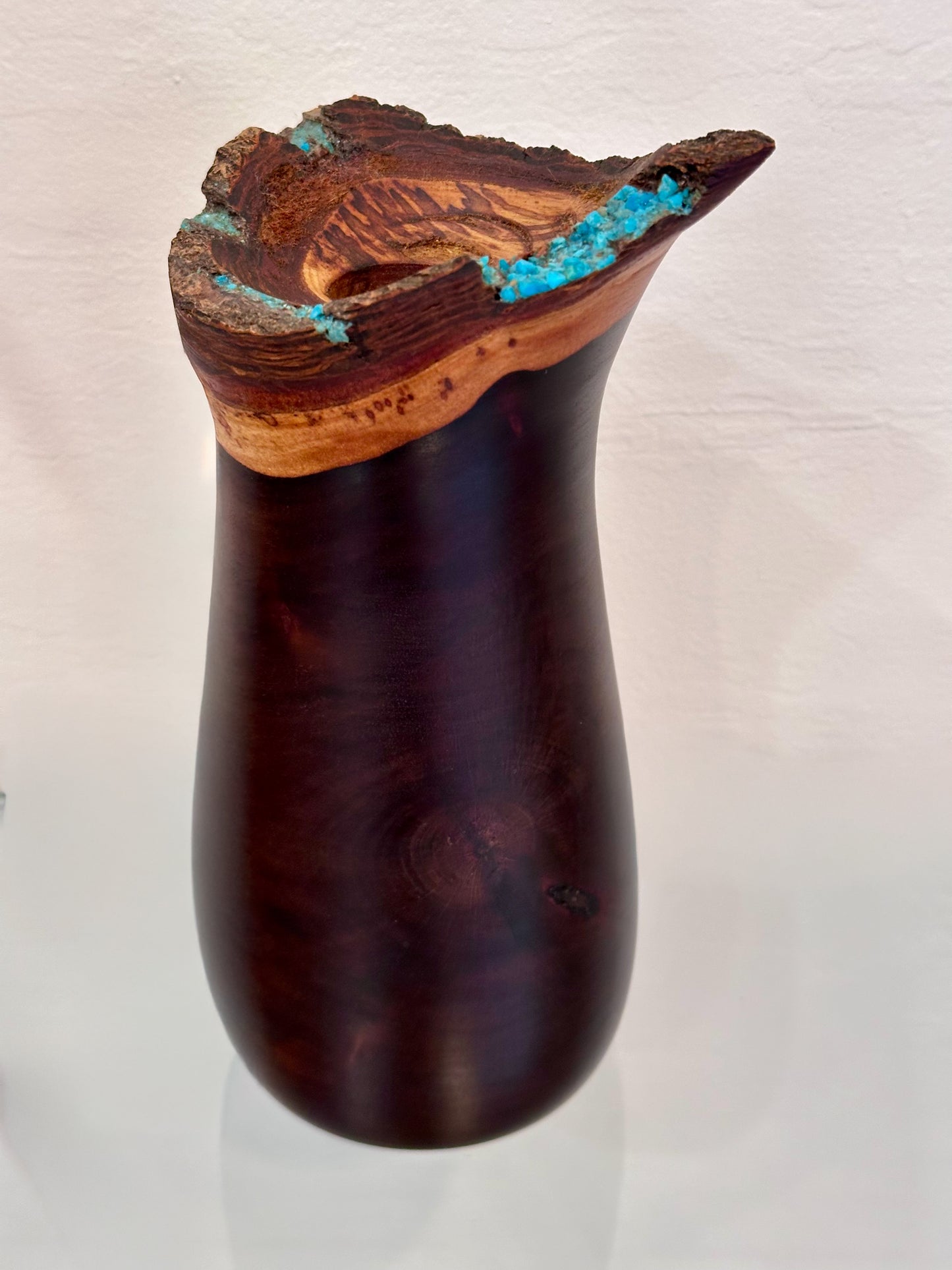Handmade Milo Wood Vase with Turquoise Gemstone Inlay, Handmade in Hawaii