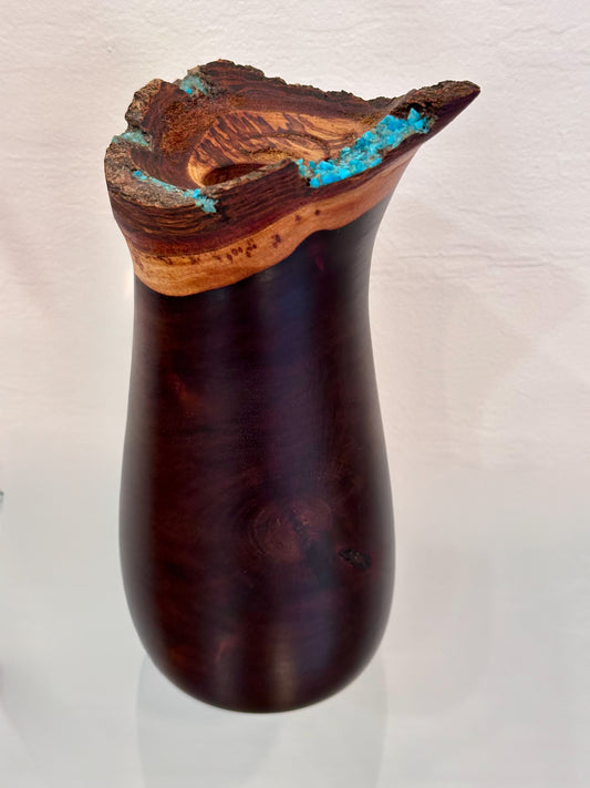 Handmade Milo Wood Vase with Turquoise Gemstone Inlay, Handmade in Hawaii