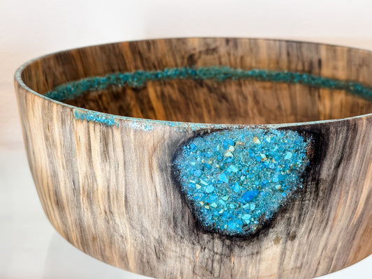 Norfolk Pine Wood Bowl with Turquoise Gemstone Inlay, Handmade in Hawaii, Food Safe, Organic Finishes