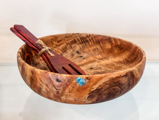 Mango Wood Salad Bowl with Turquoise, Handmade, Organic, Food Safe