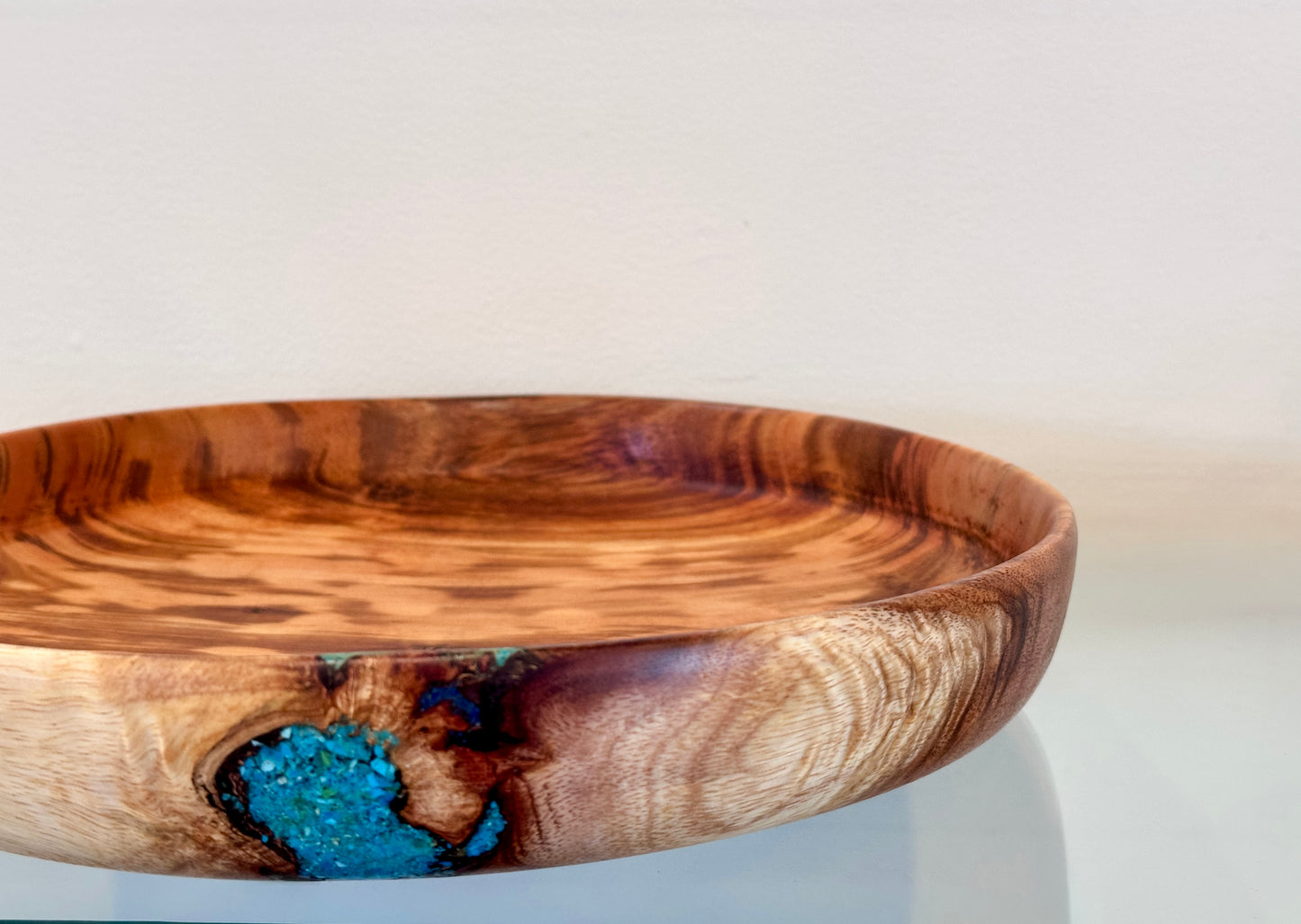 Handmade Koa Wood Bowl with Turquoise and Lapis Lazuli Inlay