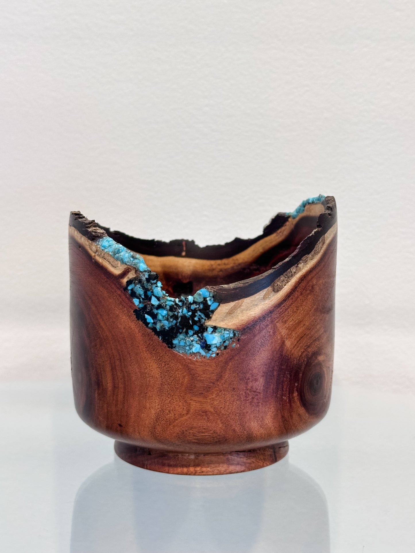 Small Koai’a Wood Bowl with Natural Edge and Turquoise and Anthracite Inlay