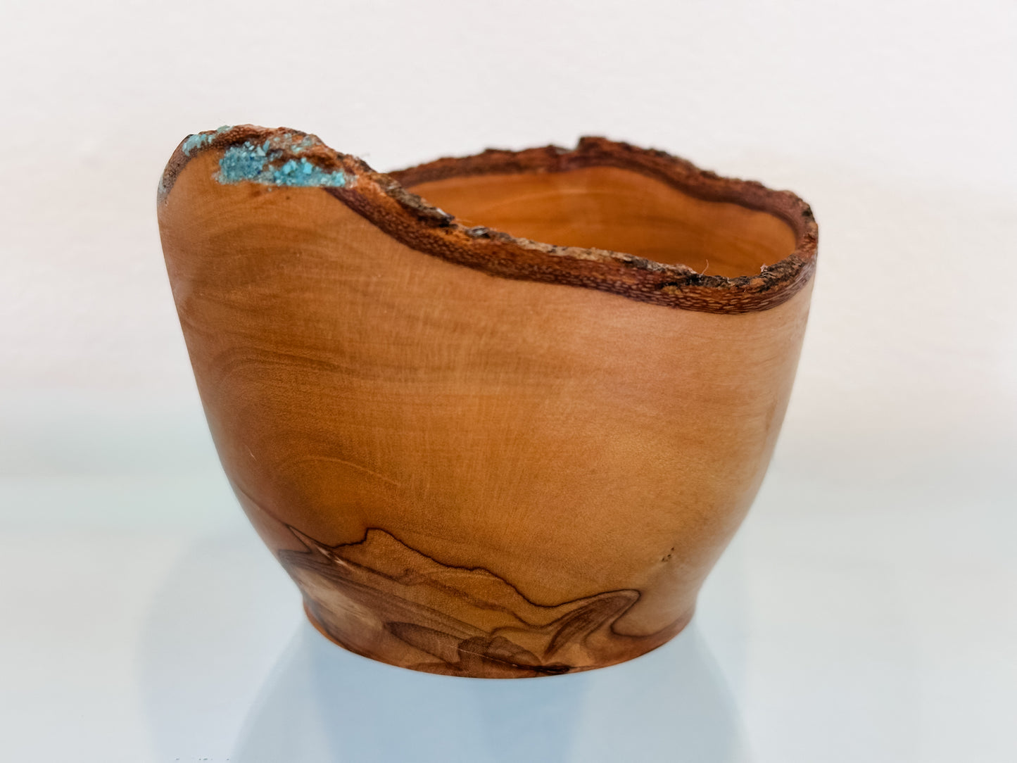 Small, Handmade, Natural Edge Olive Wood Bowl with Turquoise Gemstone Inlay