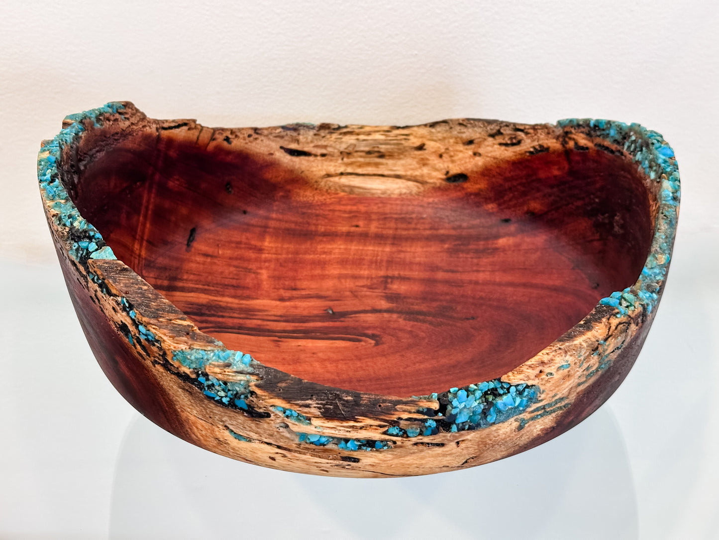 Hand-carved, natural edge Koa wood bowl with turquoise and anthracite kintsugi stone detailing, Handmade in Hawaii by Llosh Winne