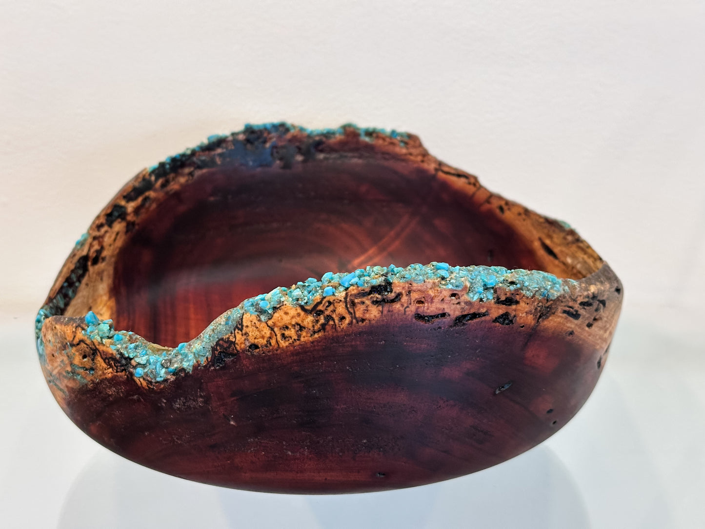 Hand-carved, natural edge Koa wood bowl with turquoise and anthracite kintsugi stone detailing, Handmade in Hawaii by Llosh Winne