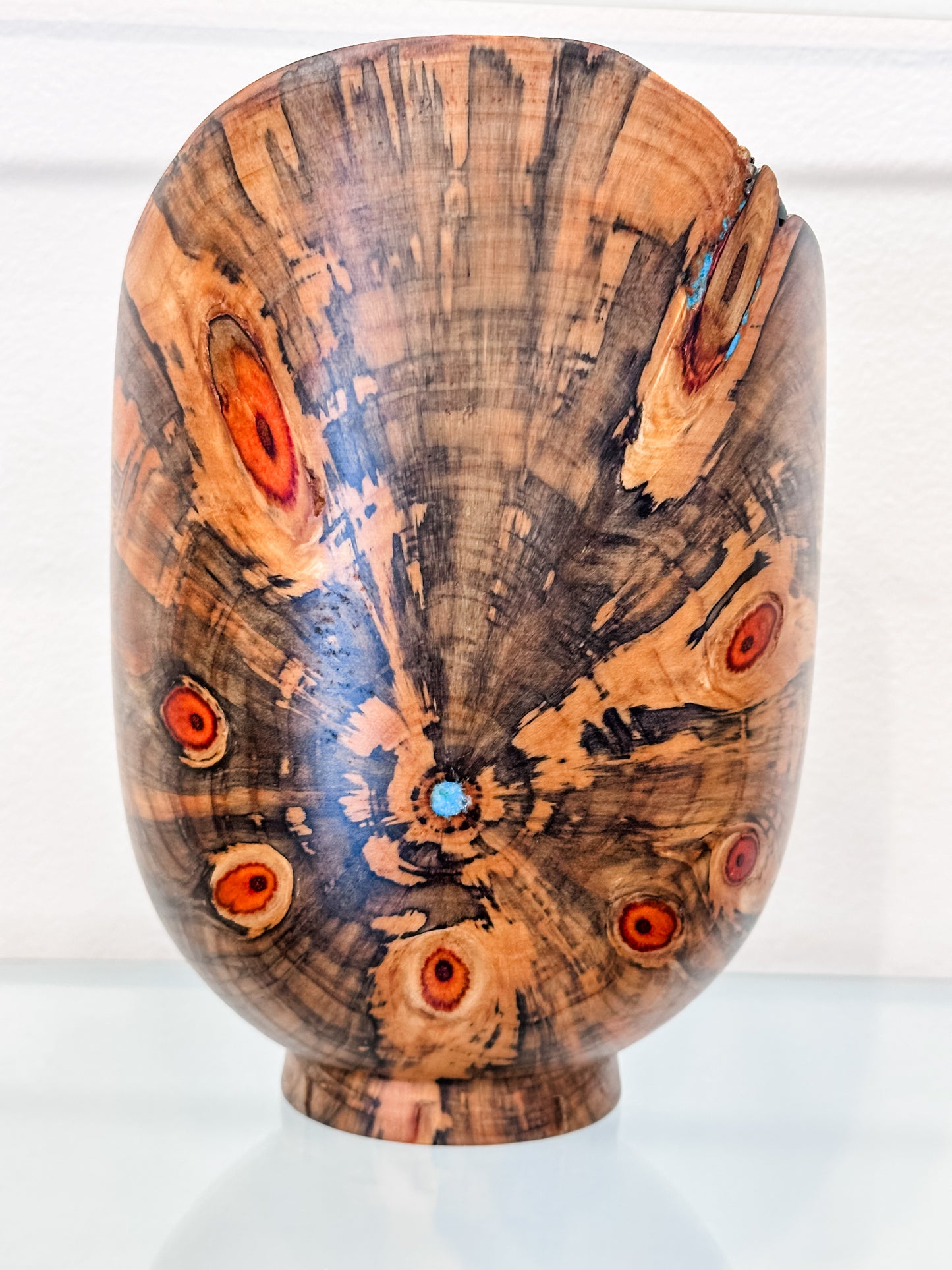 Handmade Vase-Shaped Norfolk Pine Wood Bowl with Turquoise Inlay Detail, Organic Finishes
