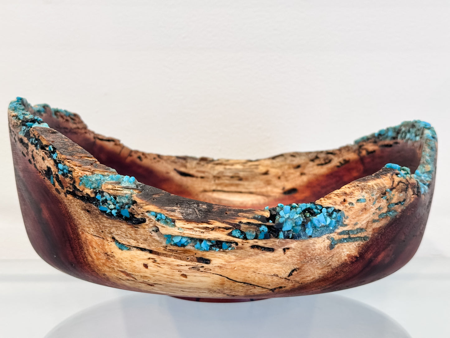 Hand-carved, natural edge Koa wood bowl with turquoise and anthracite kintsugi stone detailing, Handmade in Hawaii by Llosh Winne