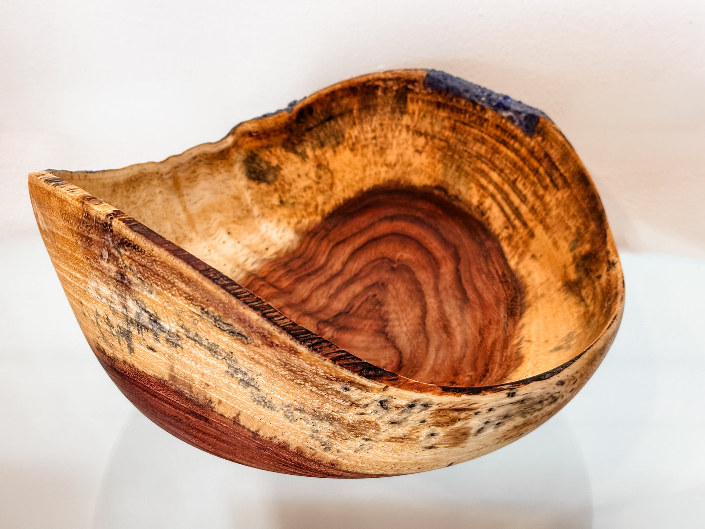 Handturned Natural Edge Earpod Wood Bowl with Lapis Lazuli, Handmade in Hawaii