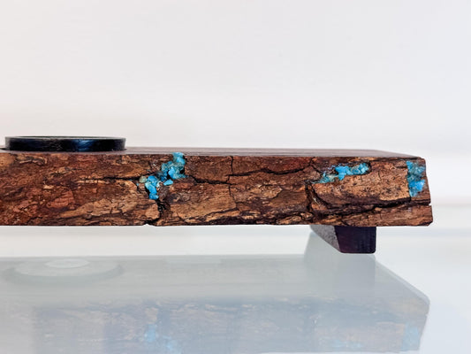 Handmade Koa Wood Ikebana (Japanese Style Vase) with Bark Inclusion and Turquoise Inlay, Wood Ikebana, Made in Hawaii