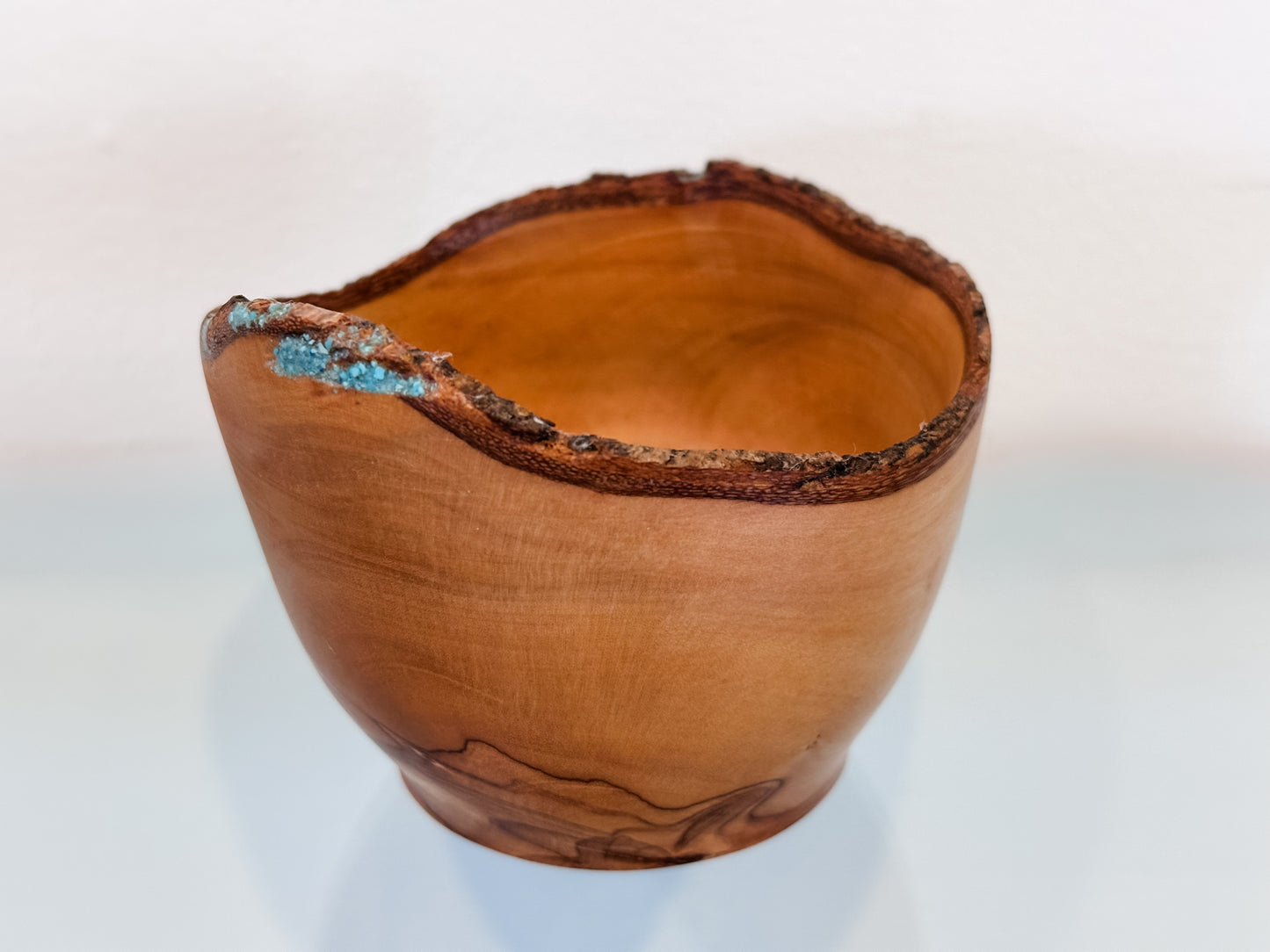 Small, Handmade, Natural Edge Olive Wood Bowl with Turquoise Gemstone Inlay