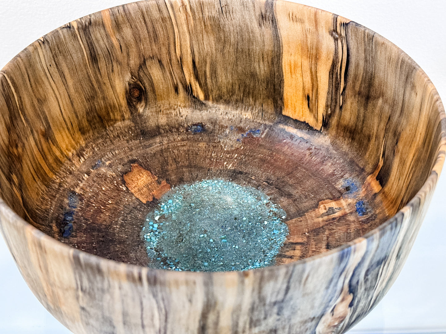 Norfolk Pine Wood Bowl with Turquoise and Lapis Lazuli Gemstone Inlay, Handmade in Hawaii, Food Safe, Organic Finishes