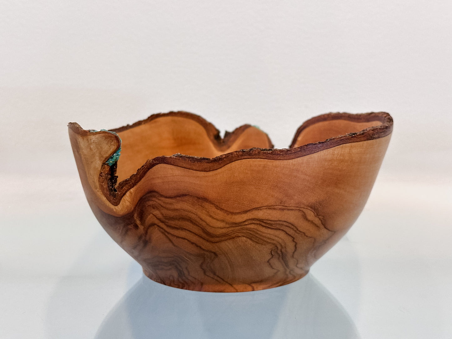 Handmade, Natural Edge Olive Wood Bowl with Turquoise Gemstone Inlay