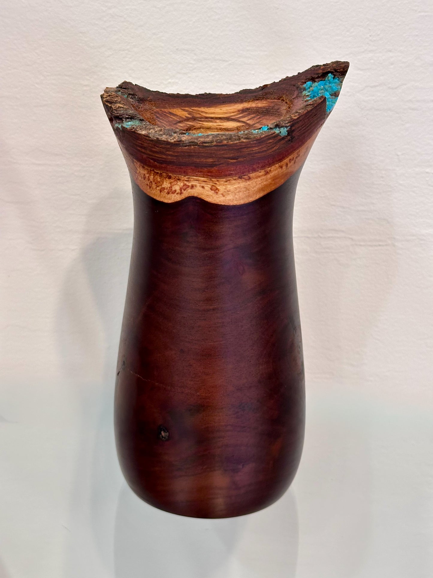 Handmade Milo Wood Vase with Turquoise Gemstone Inlay, Handmade in Hawaii