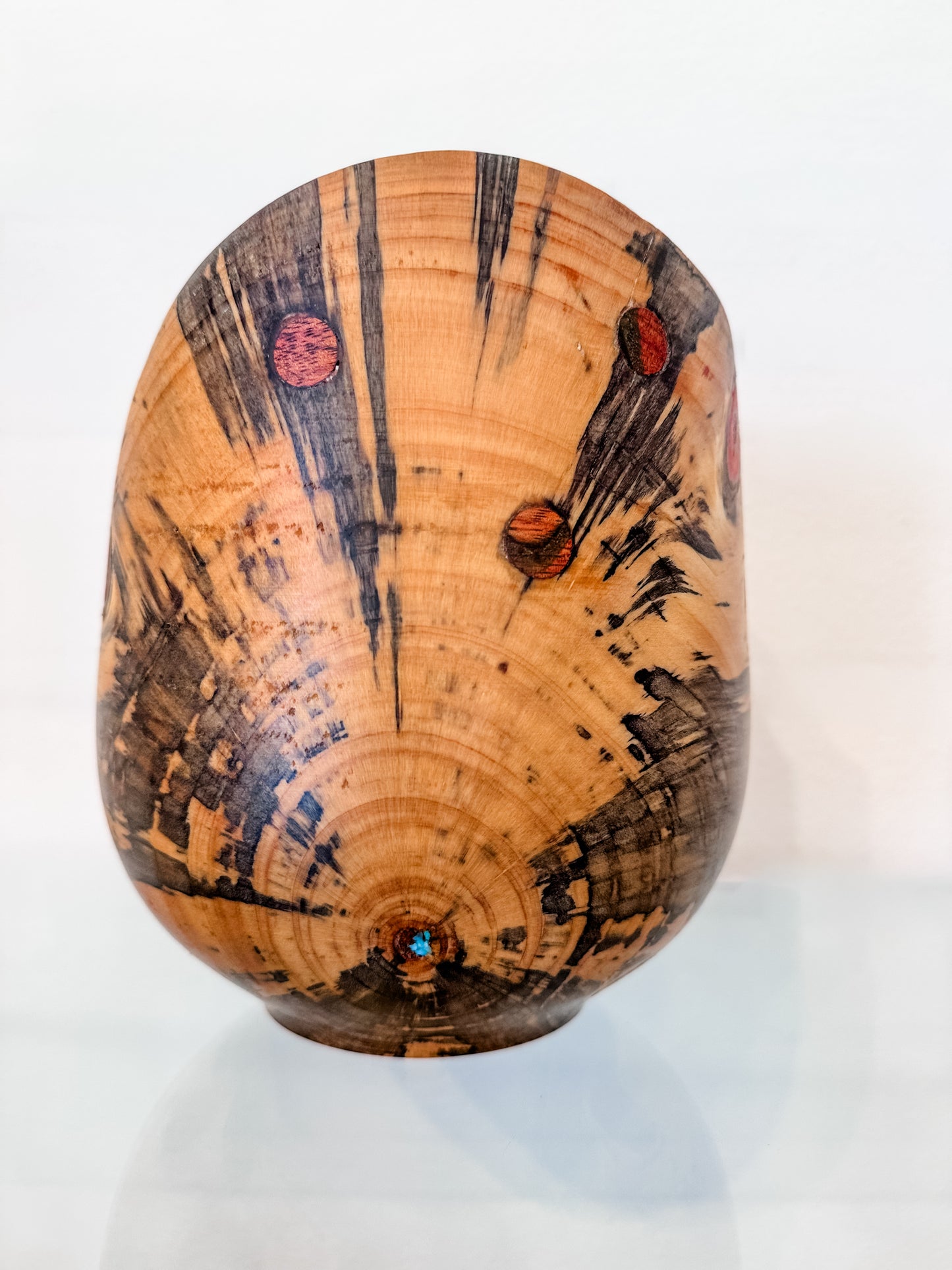 Handmade Vase-Shaped Norfolk Pine Wood Bowl with Turquoise Inlay Detail, Organic Finishes