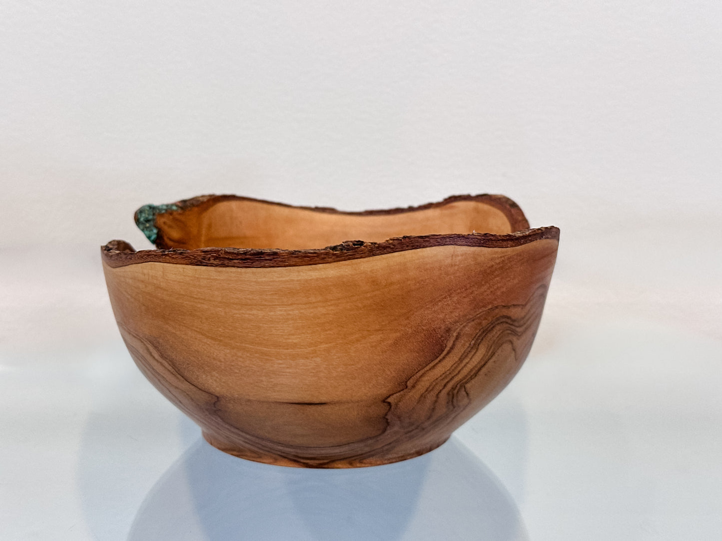 Handmade, Natural Edge Olive Wood Bowl with Turquoise Gemstone Inlay
