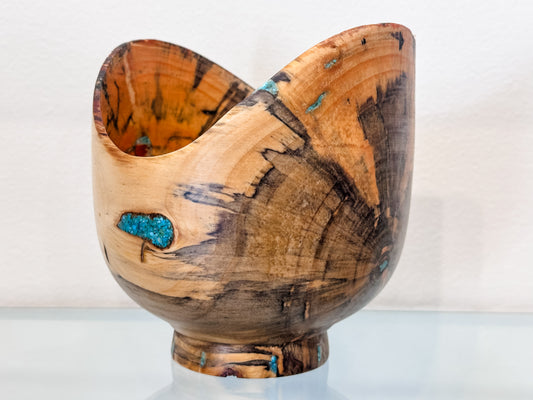 Norfolk Pine Wood Bowl, Hand-turned Wood Bowl, Handmade in Hawaii, with Turquoise Inlay, Food Safe