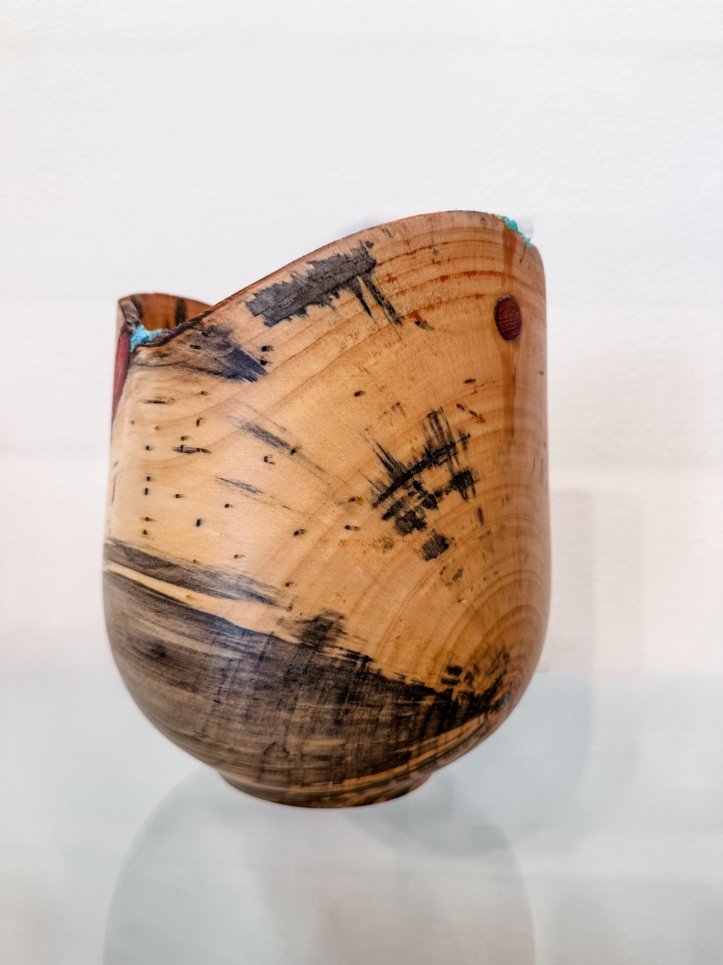 Handmade Vase-Shaped Norfolk Pine Wood Bowl with Turquoise Inlay Detail, Organic Finishes