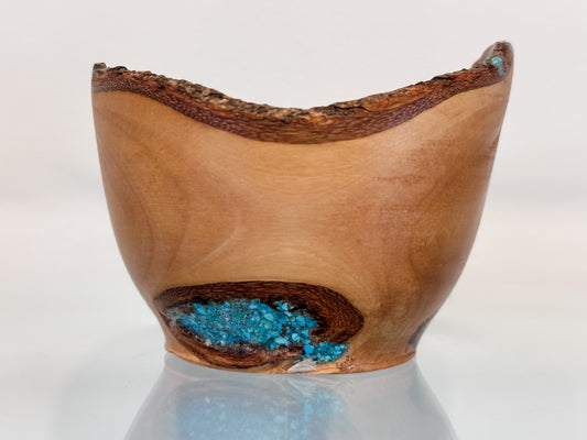 Small, Handmade, Natural Edge Olive Wood Bowl with Turquoise Gemstone Inlay