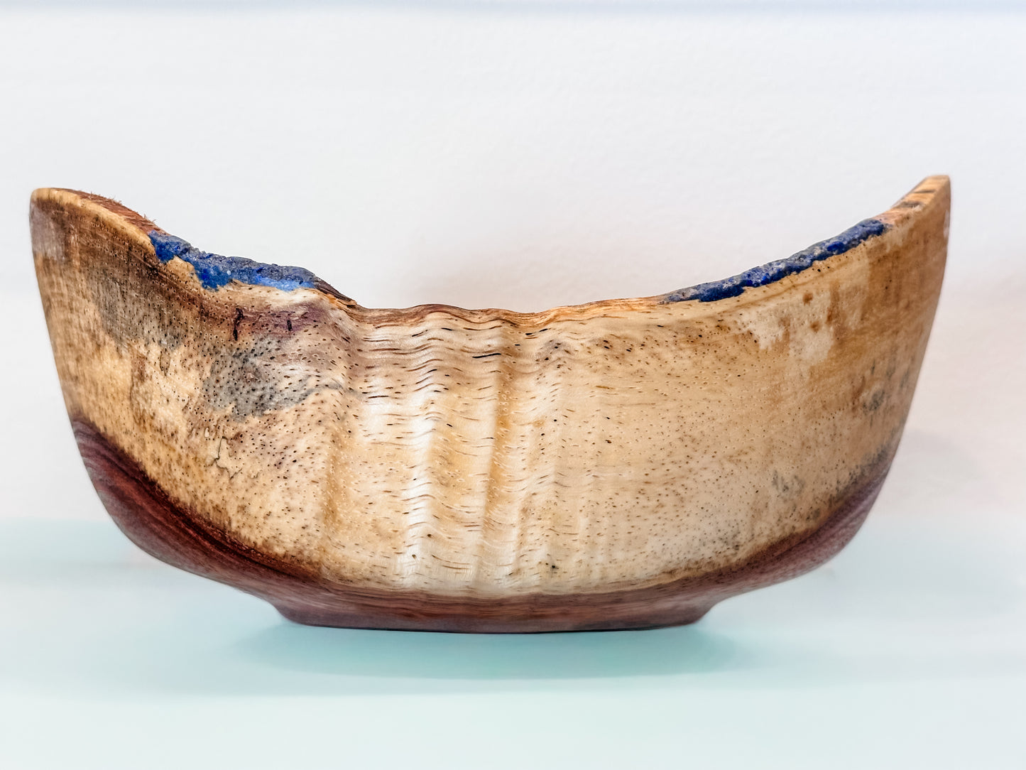 Handturned Natural Edge Earpod Wood Bowl with Lapis Lazuli, Handmade in Hawaii