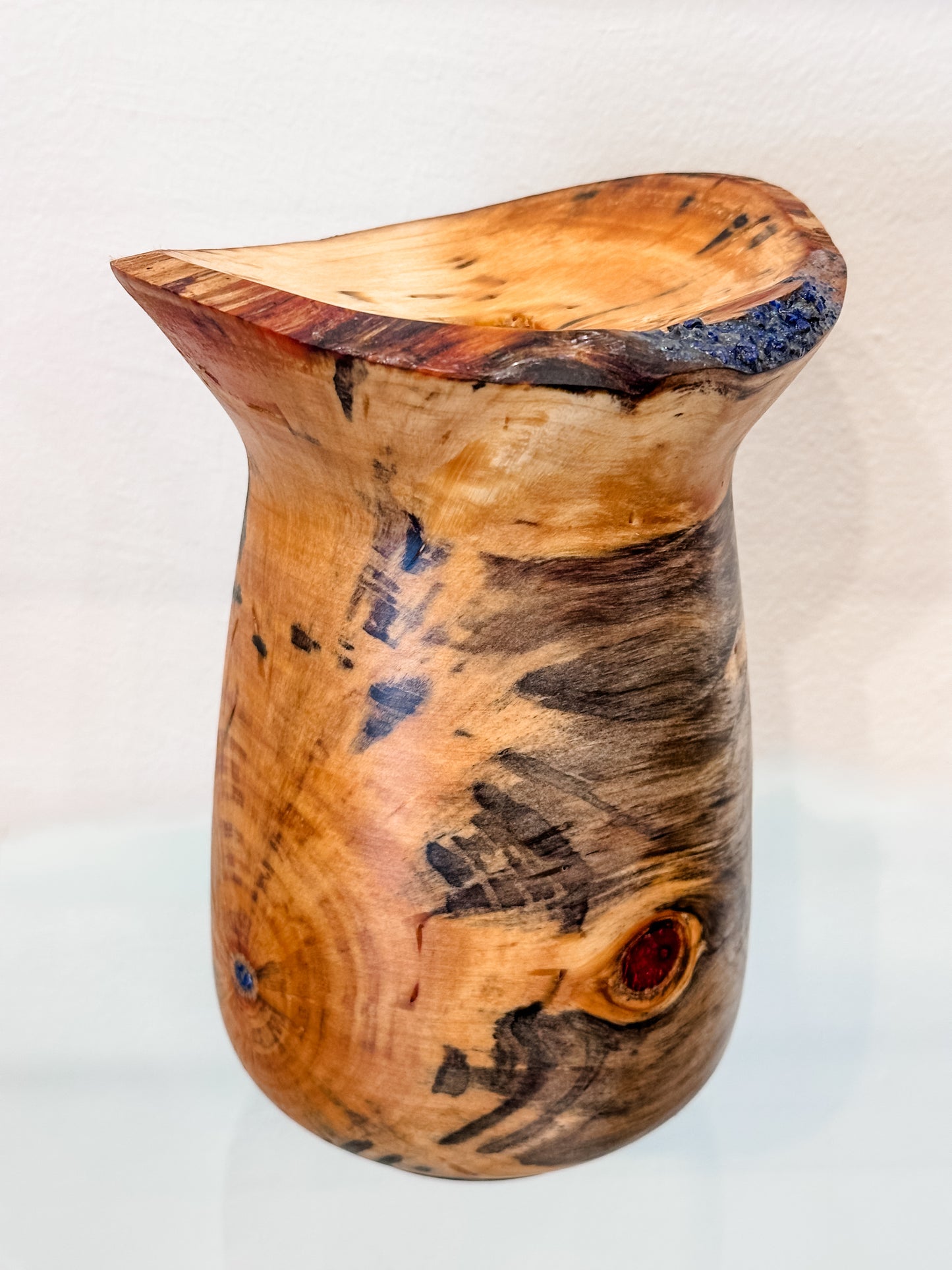 Stunning Handmade Norfolk Pine Wood Vase with Natural Edge and Lapis Lazuli Gemstone Inlay, Handmade in Hawaii