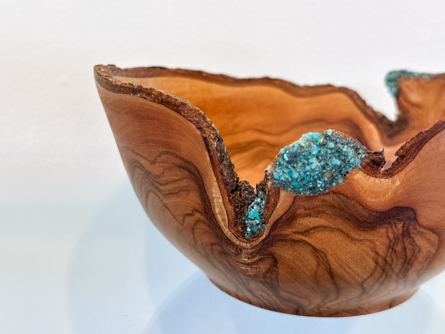 Handmade, Natural Edge Olive Wood Bowl with Turquoise Gemstone Inlay