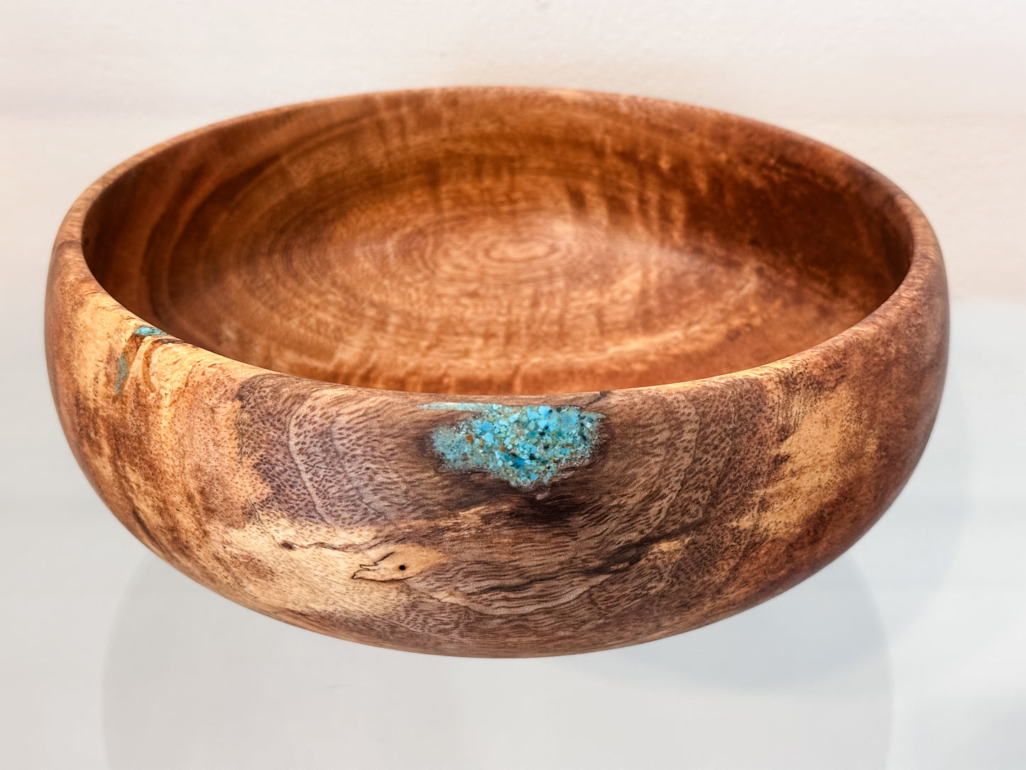 Hand-Turned Mango Wood Salad Bowl, Calabash Shape, Food Safe, Turquoise Inlay