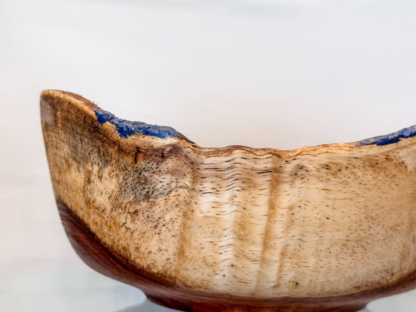 Handturned Natural Edge Earpod Wood Bowl with Lapis Lazuli, Handmade in Hawaii