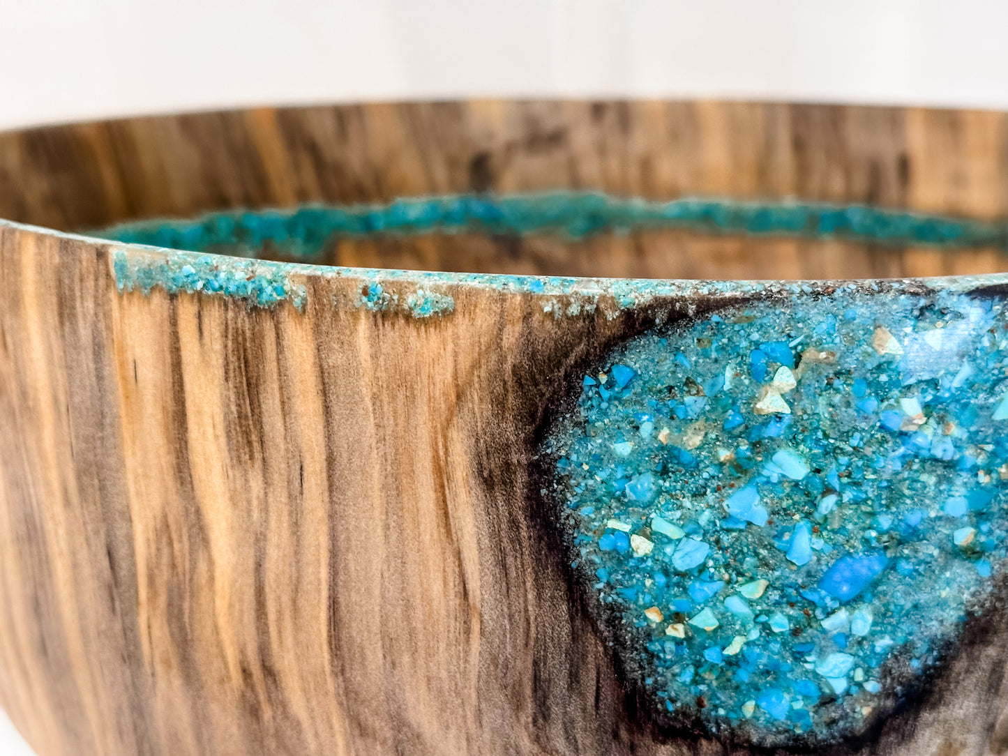 Norfolk Pine Wood Bowl with Turquoise Gemstone Inlay, Handmade in Hawaii, Food Safe, Organic Finishes