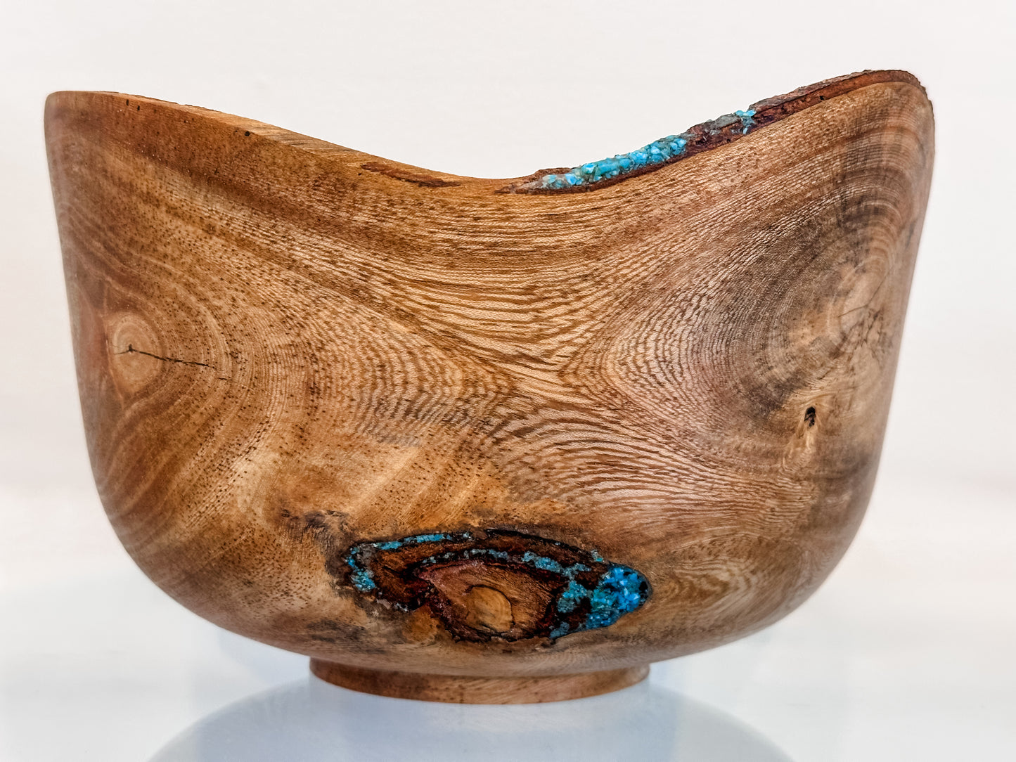 Banyan Wood Bowl, Decorated with Turquoise Gemstone Inlay, Handmade in Hawaii
