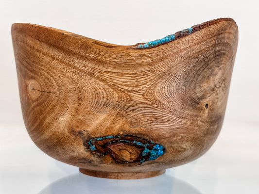 Banyan Wood Bowl, Decorated with Turquoise Gemstone Inlay, Handmade in Hawaii