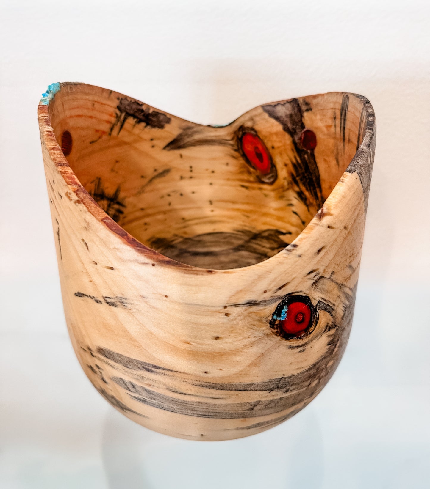 Handmade Vase-Shaped Norfolk Pine Wood Bowl with Turquoise Inlay Detail, Organic Finishes