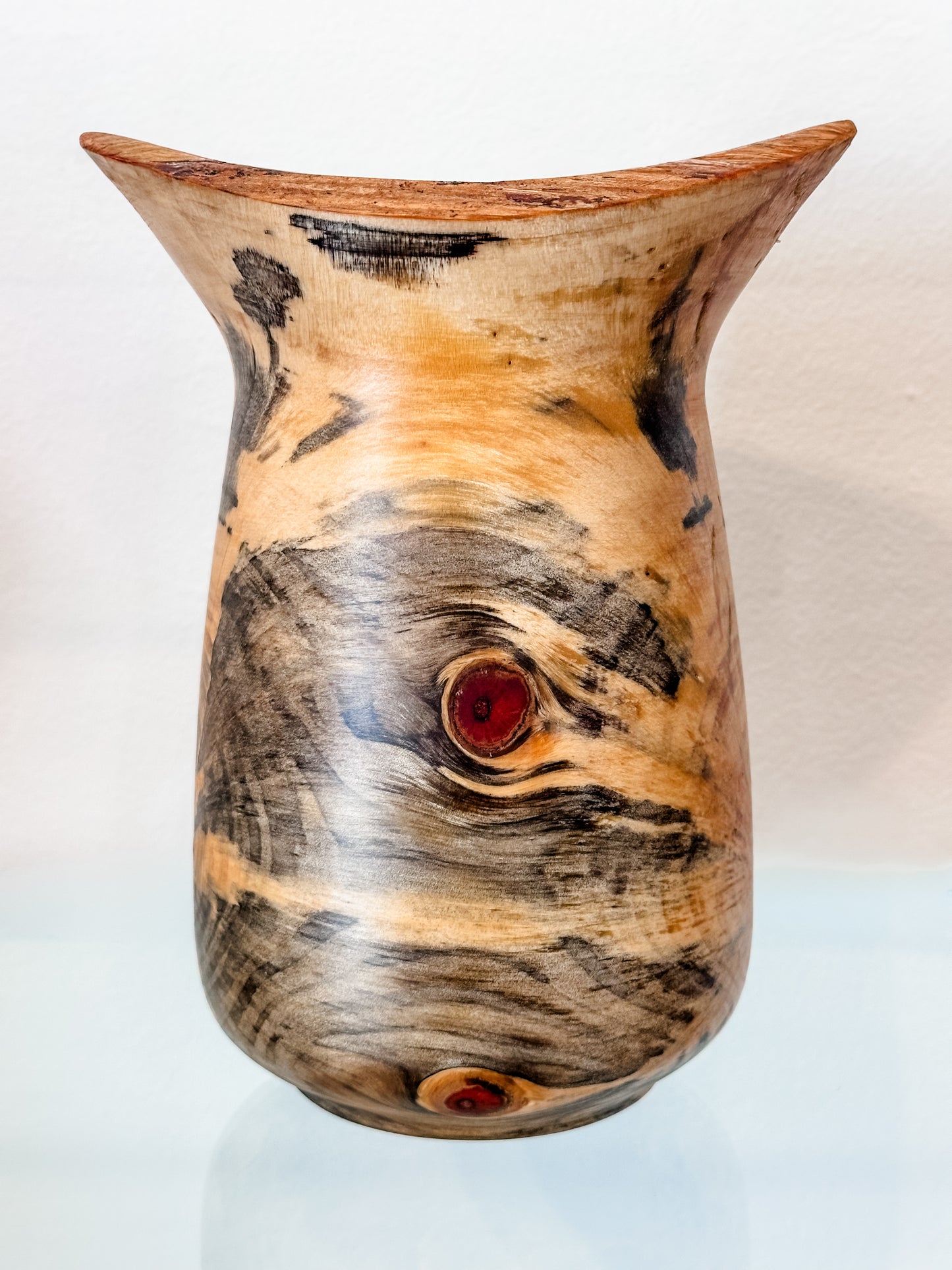 Stunning Handmade Norfolk Pine Wood Vase with Natural Edge and Lapis Lazuli Gemstone Inlay, Handmade in Hawaii