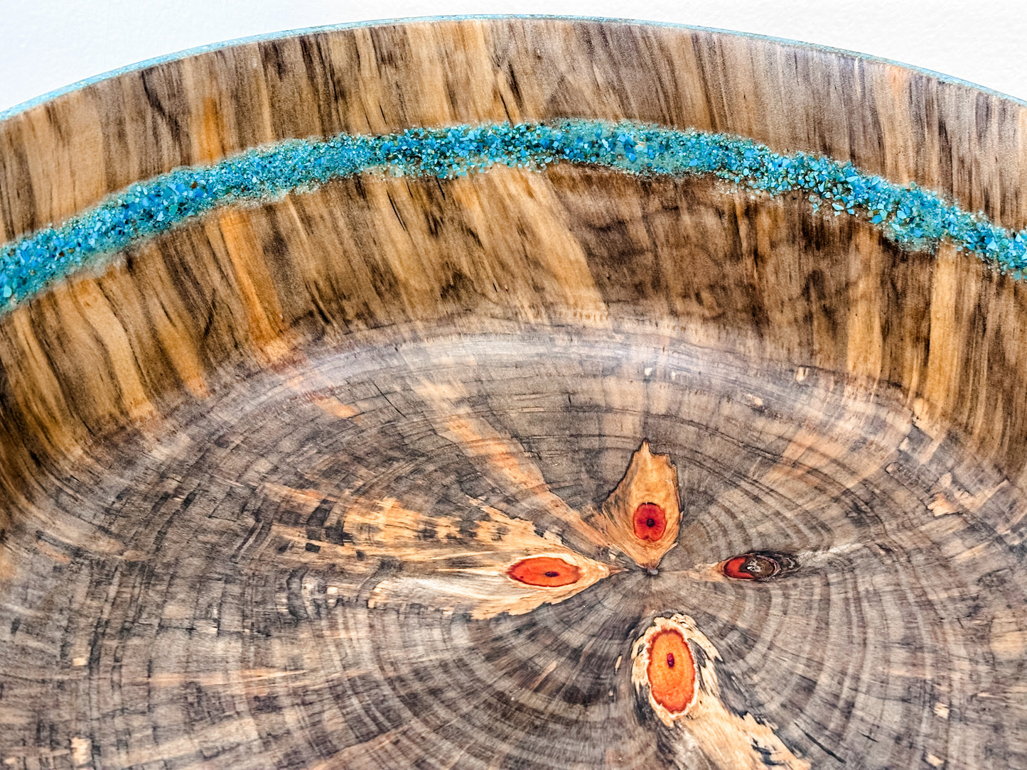 Norfolk Pine Wood Bowl with Turquoise Gemstone Inlay, Handmade in Hawaii, Food Safe, Organic Finishes