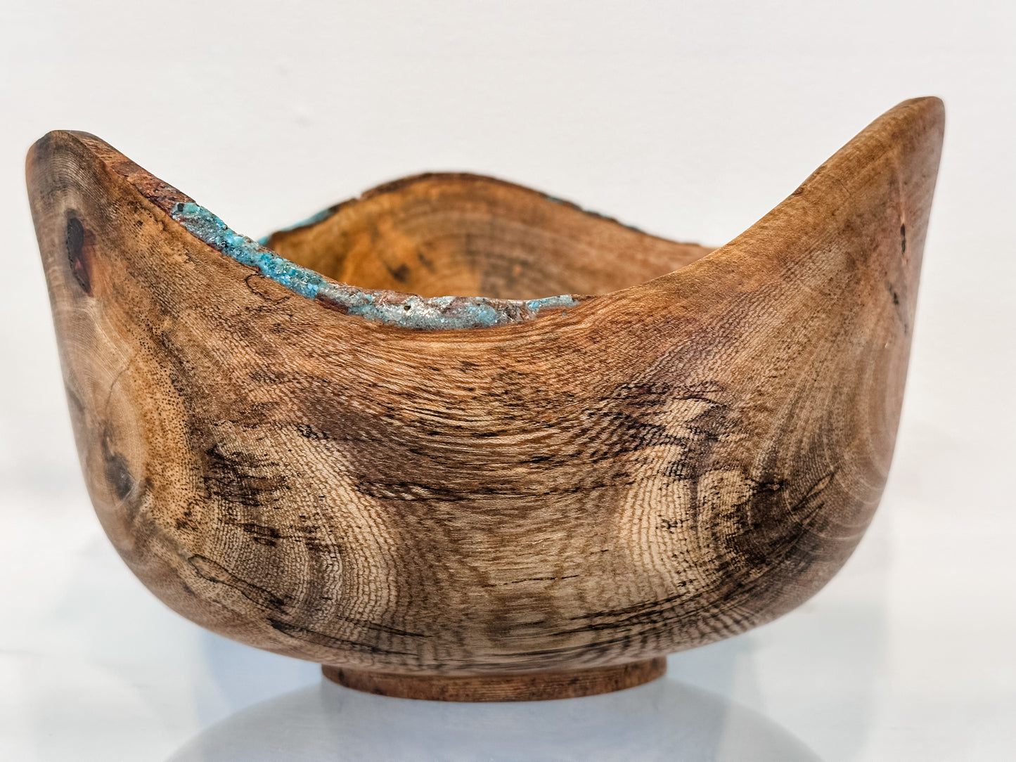 Banyan Wood Bowl, Decorated with Turquoise Gemstone Inlay, Handmade in Hawaii