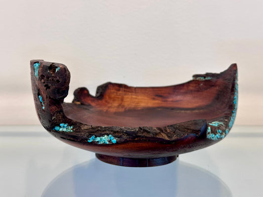 Small Koai’a Wood Bowl with Natural Edge and Turquoise Inlay
